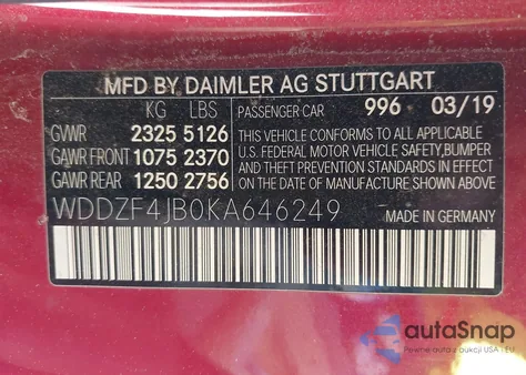 2019 Mercedes-Benz E 300 from USA, damaged, VIN WDDZF4JB0KA646249